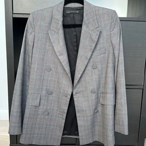 NEW Zara Double Breasted Plaid Gray Over Sized Blazer